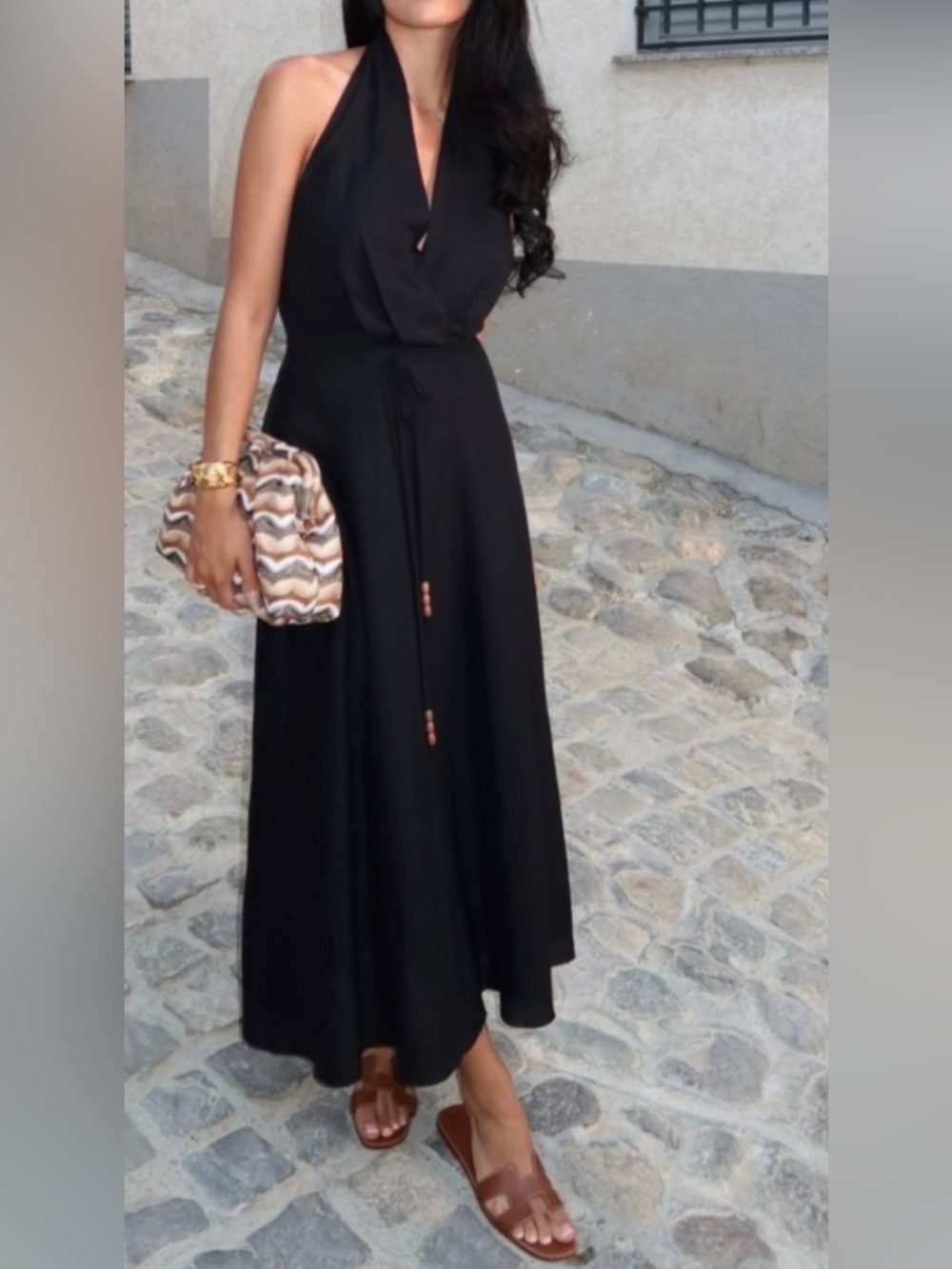 Zara Black Halterneck Maxi Dress with Waist Tie
